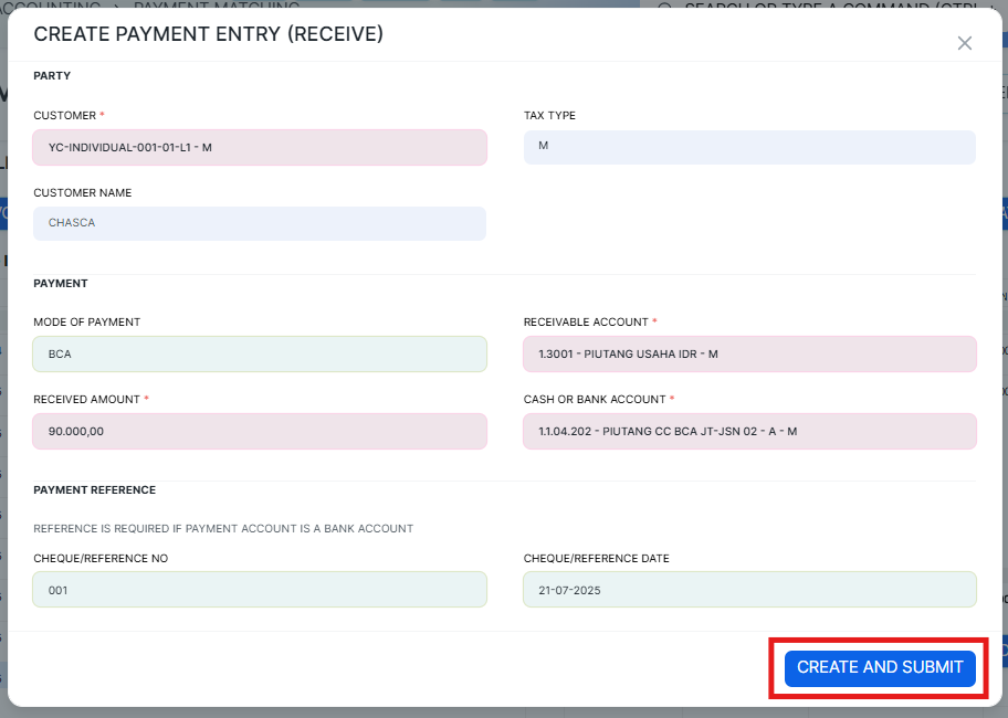 create and submit payment entry pop up
